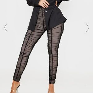 Black Ruched Mesh Layered Pants